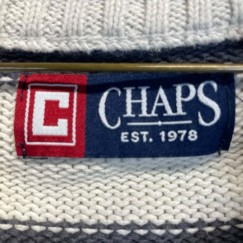 Chaps Quarter Zip Sweater Men’s Large Cream Gray Striped 100% Cotton Pullover - Picture 4 of 10